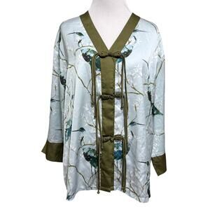 Womens Silk Kimono Top M Blue Green Crane Bird Print Asian Frog Closure